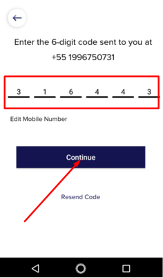 tela de introdução do código de telefone do app kartero